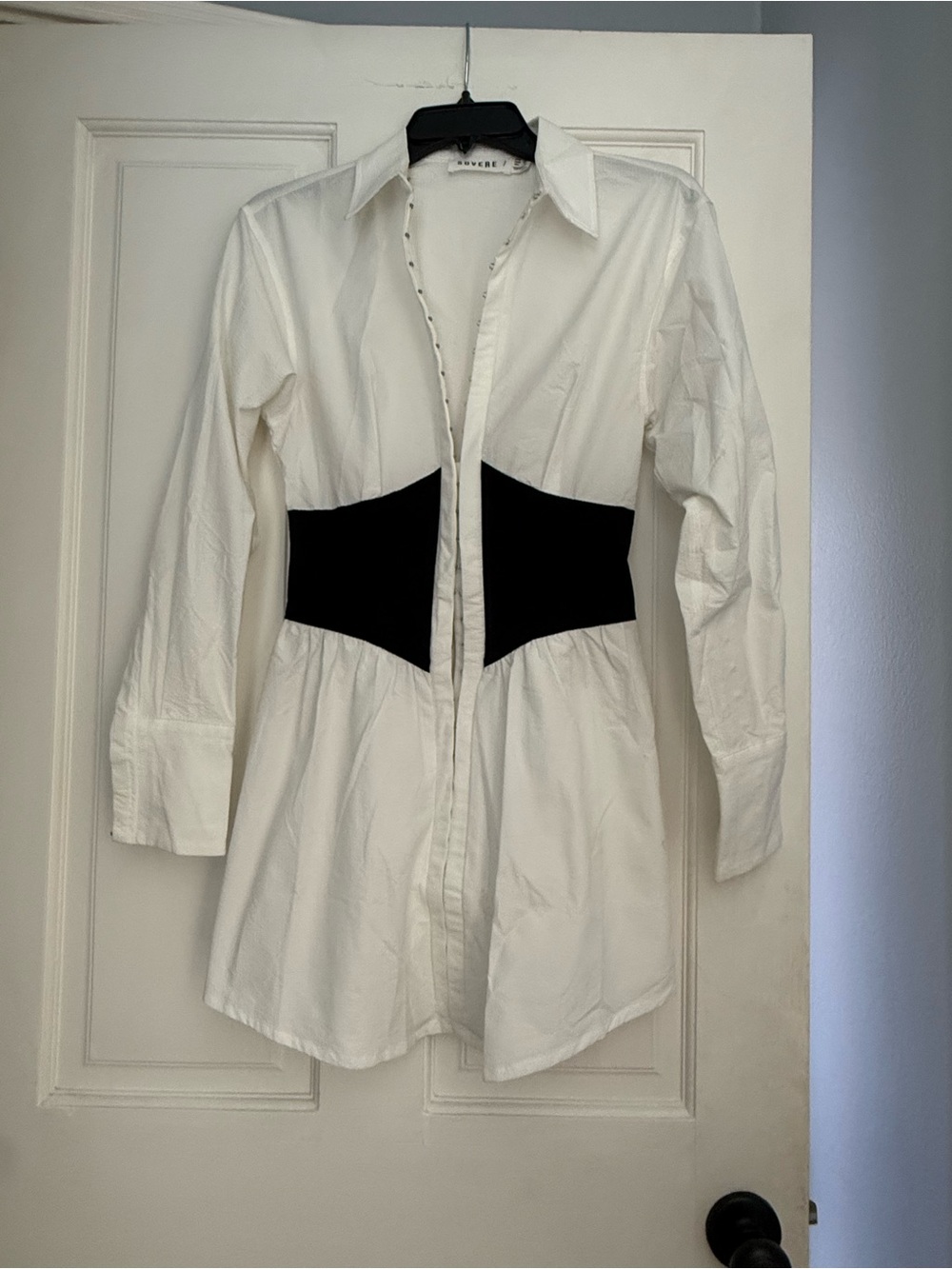 White Button-Down Shirt Dress with Black Waist Panel